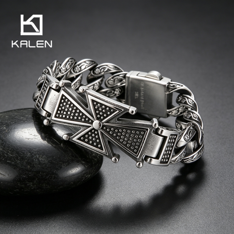 Men Accessories Bd - กำไลข้อมือสแตนเลสสตีลลายกางเขนสไตล์วินเทจสำหรับผู้ชาย สายโซ่แบบพังก์ไบค์เกอร์ เครื่องประดับร็อก สร้อยข้อมือหนักสำหรับผู้ชาย