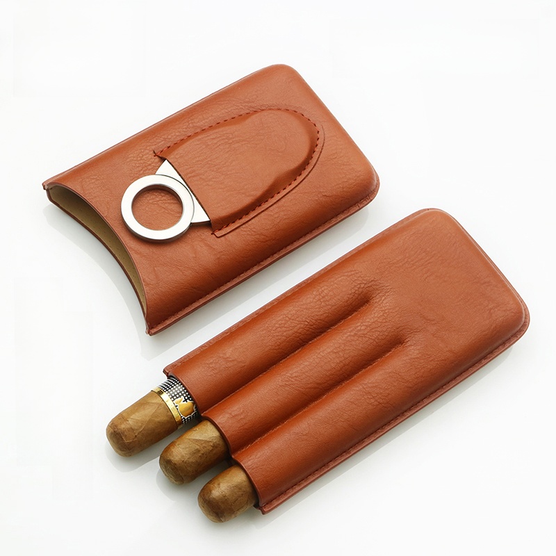 Cigar Cutter Set - ชุดกล่องซิการ์แบบพกพา 2 ชิ้น พร้อมซองหนังสำหรับเก็บซิการ์ ท่อเพิ่มความชื้น และที่ตัดซิการ์
