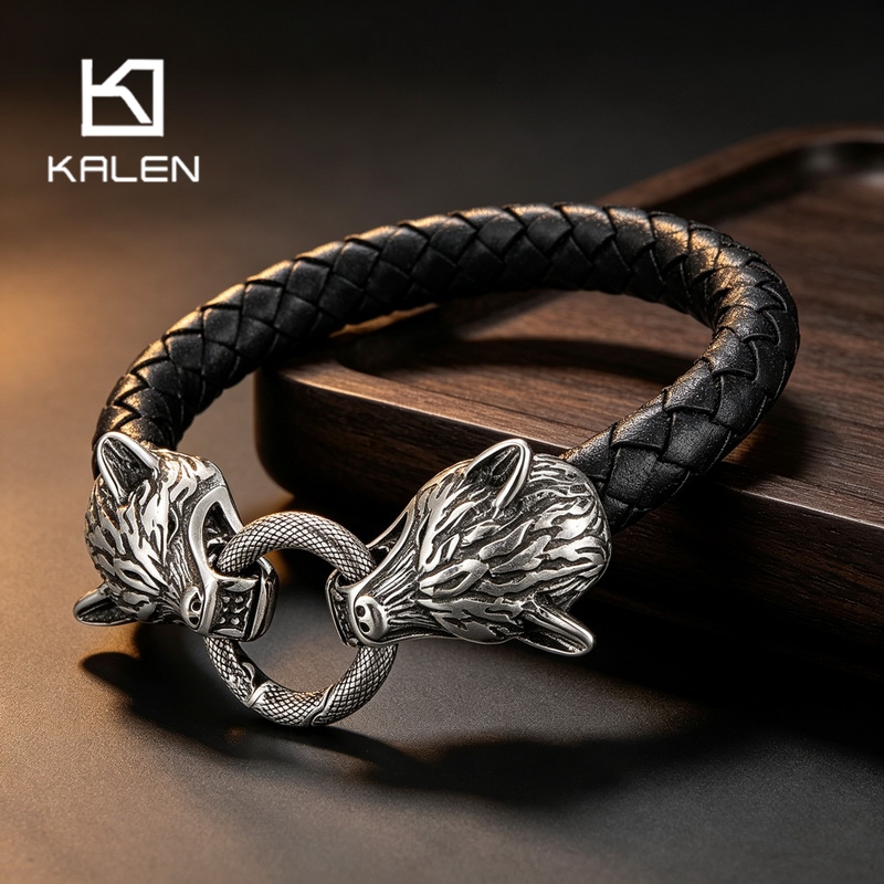 Men Accessories Bd - กำไลข้อมือหนังถักลายหัวหมาป่าไวกิ้งสแตนเลสสตีลสำหรับผู้ชาย เครื่องประดับสไตล์พังก์ไบค์เกอร์ วินเทจ ลำลอง อุปกรณ์เสริมสำหรับผู้ชาย