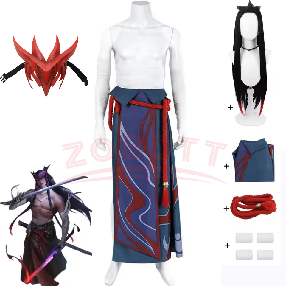 Men Accessories Kit - ชุดคอสเพลย์เกม LOL Unforgotten Yone พร้อมวิกผม กระโปรง