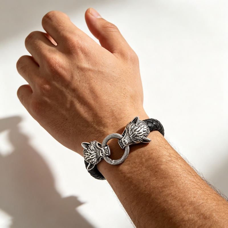 กำไลข้อมือหนังถักลายหัวหมาป่าไ - Men Accessories Bd บทวิจารณ์และราคา